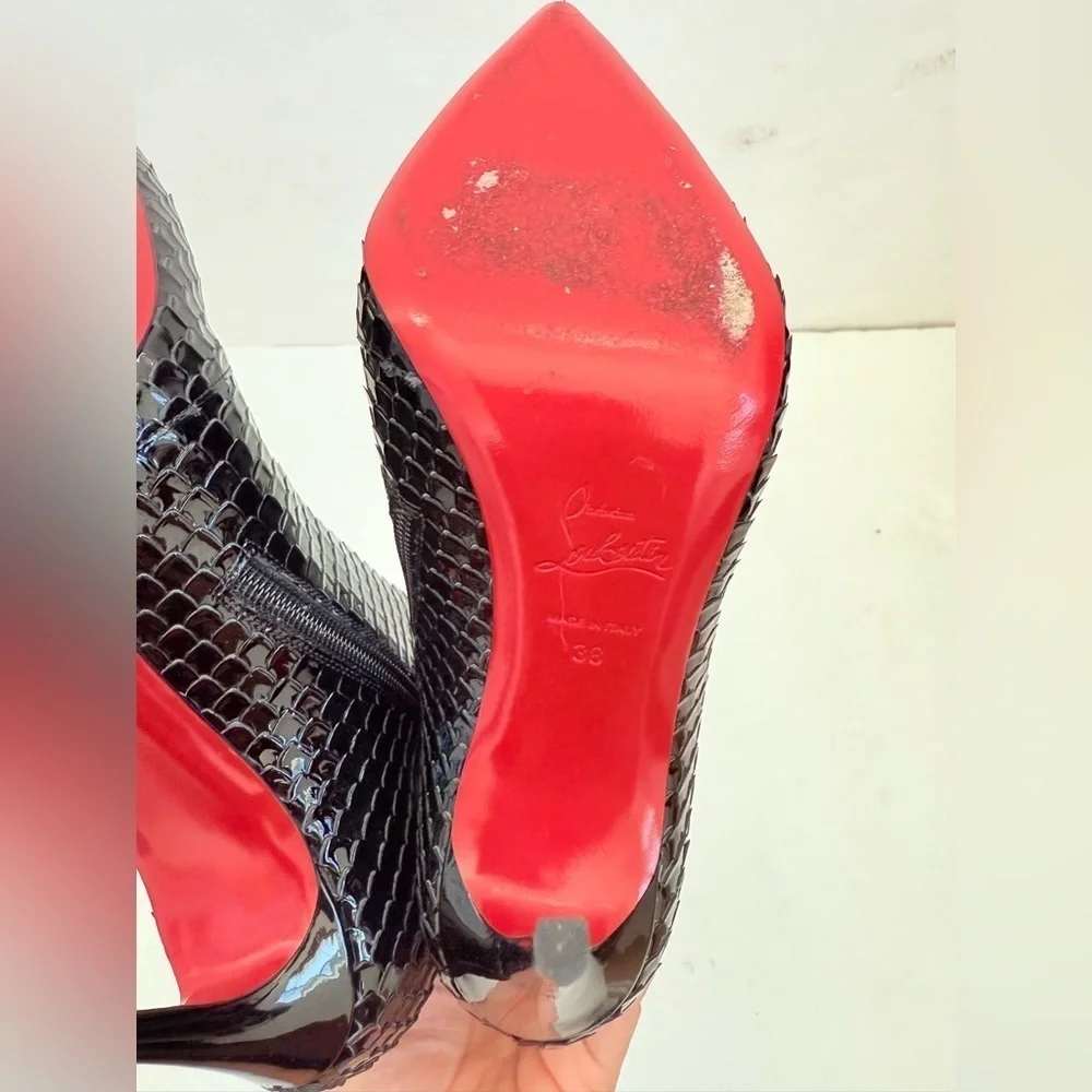 Christian Louboutin So Kate Booty 100mm patent black bird ankle boots EU 38